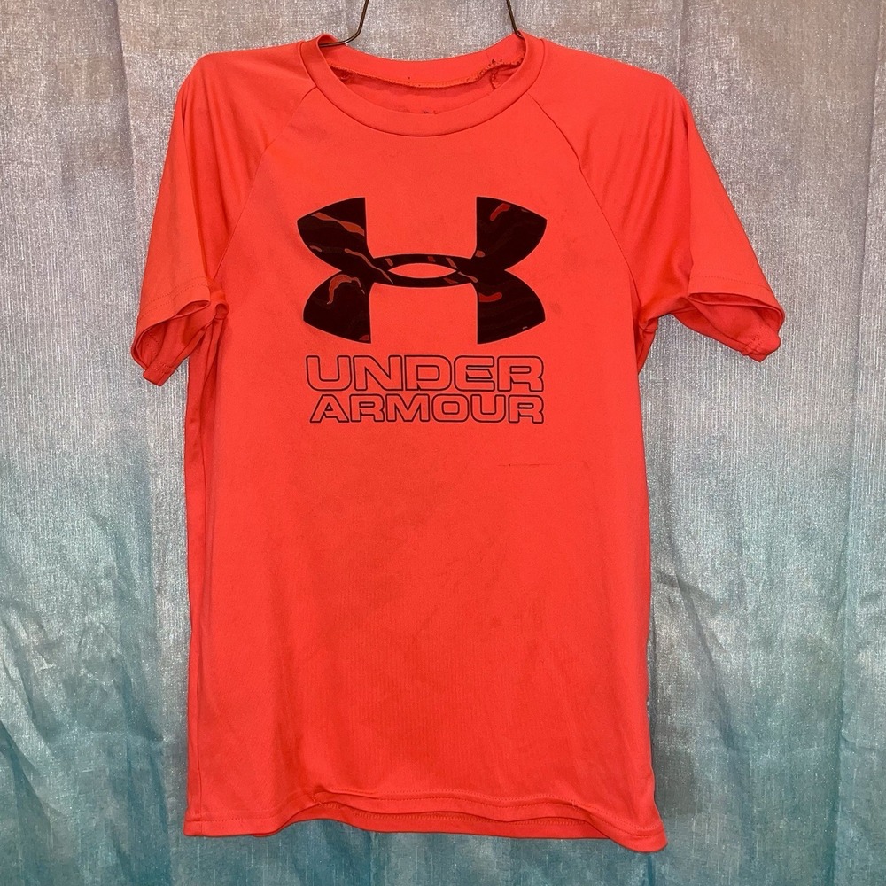 Under Armour Youth Large Orange-Pink Athletic Heatgear T Shirt Boys Loose Fit